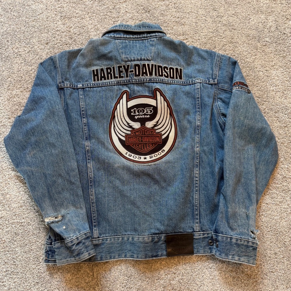Harley-Davidson 105th Anniversary Denim Jacket Mens L Blue Distressed 1903-2008